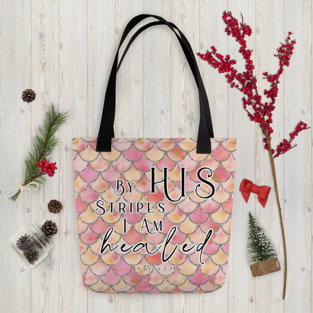 Limited Edition Premium Tote Bag - By His Stripes I Am Healed (Design: Mermaid Scales Pink)