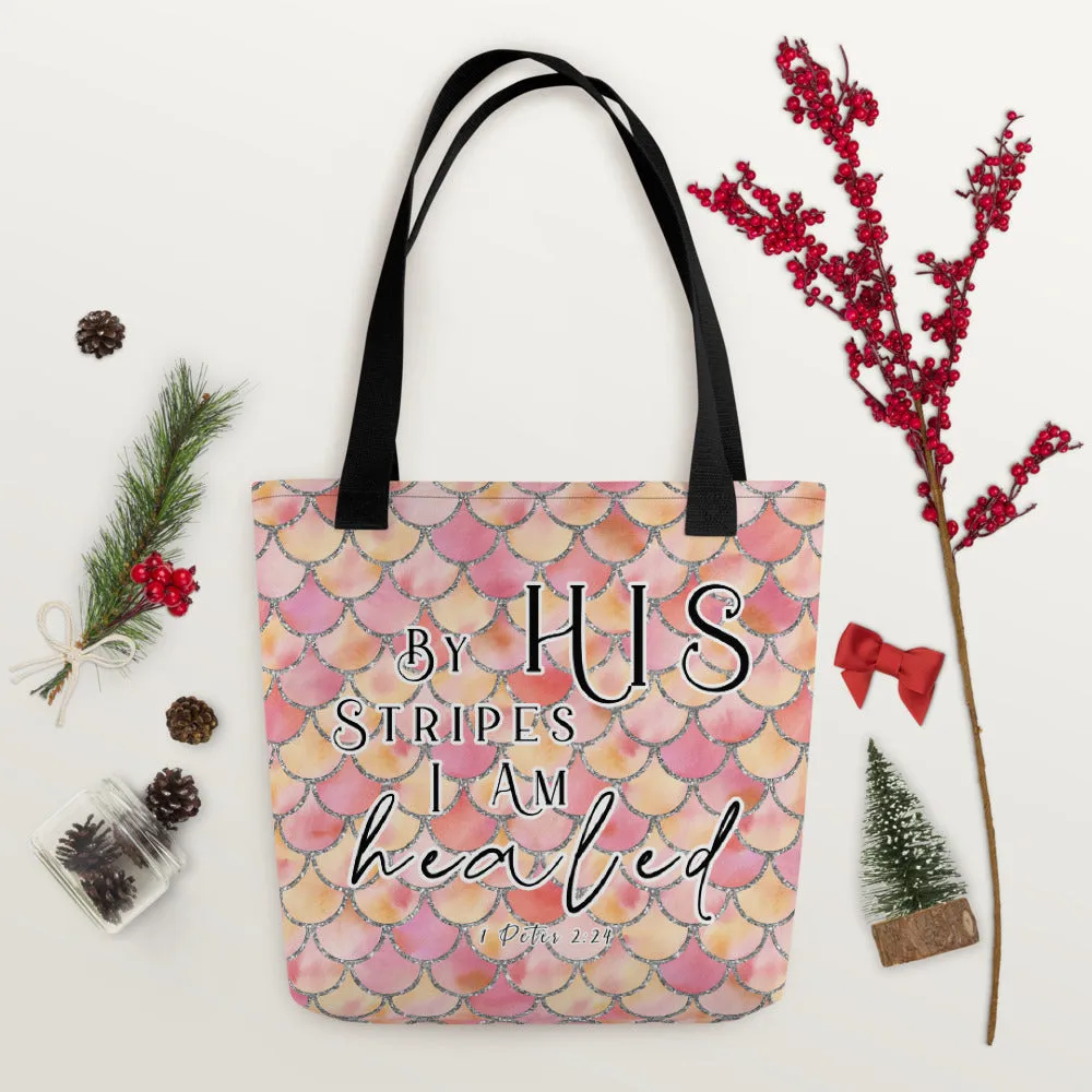 Limited Edition Premium Tote Bag - By His Stripes I Am Healed (Design: Mermaid Scales Pink)