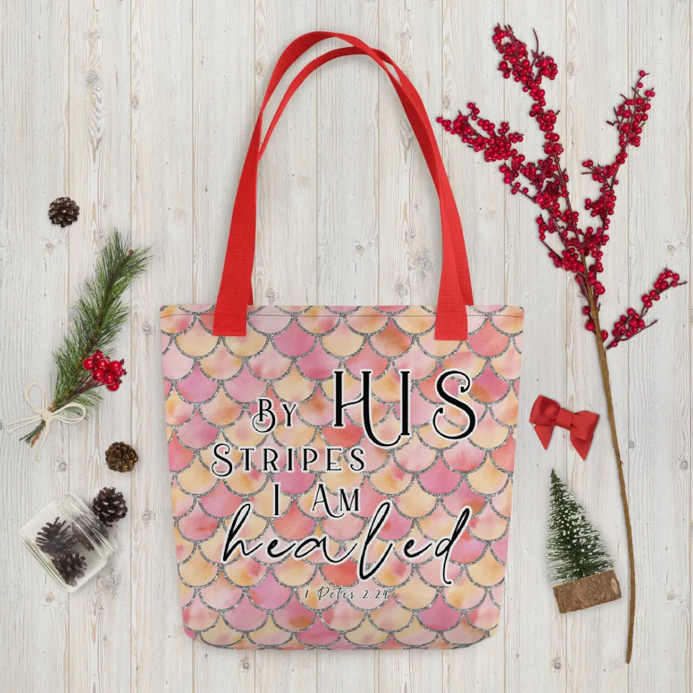 Limited Edition Premium Tote Bag - By His Stripes I Am Healed (Design: Mermaid Scales Pink)