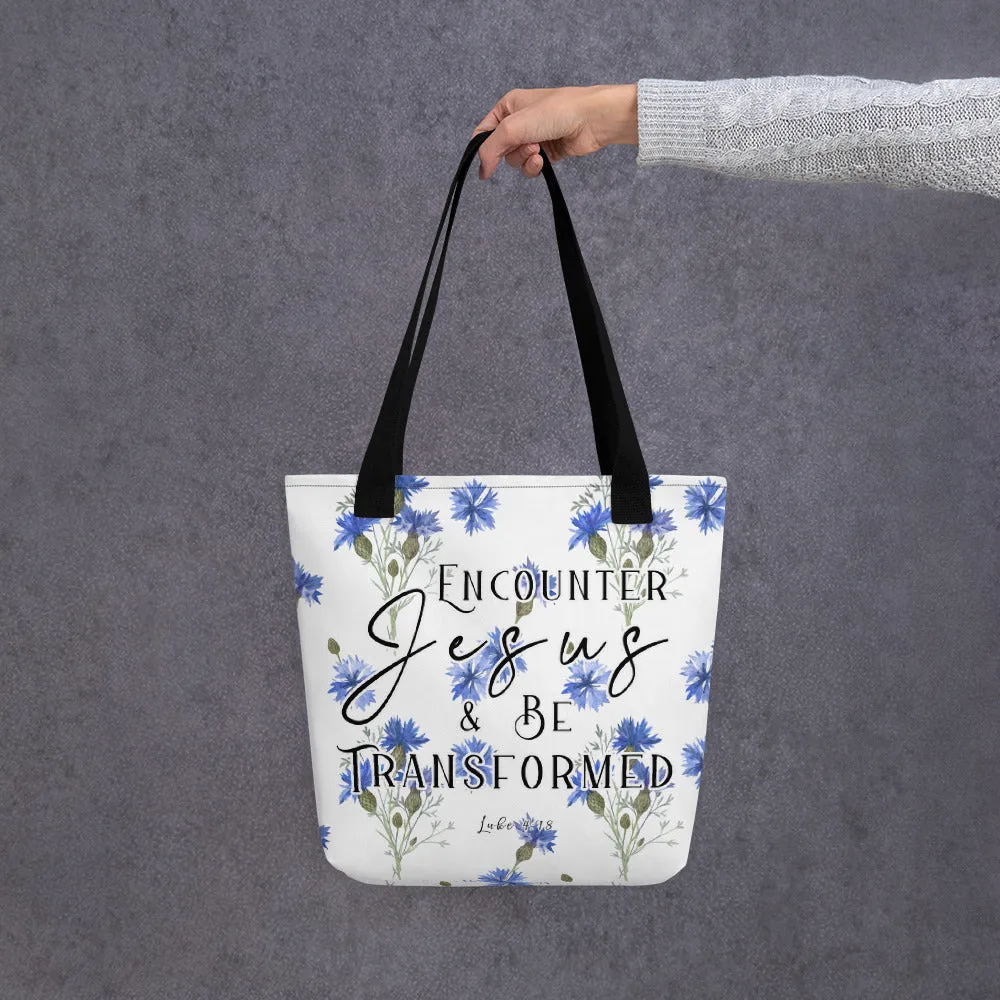 Limited Edition Premium Tote Bag - Encounter Jesus & Be Transformed (Design: Blue Floral)