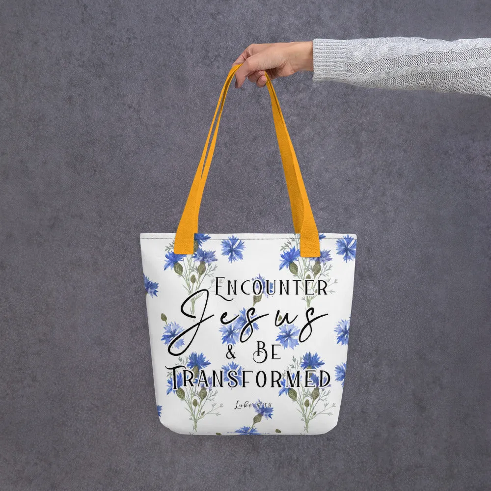 Limited Edition Premium Tote Bag - Encounter Jesus & Be Transformed (Design: Blue Floral)