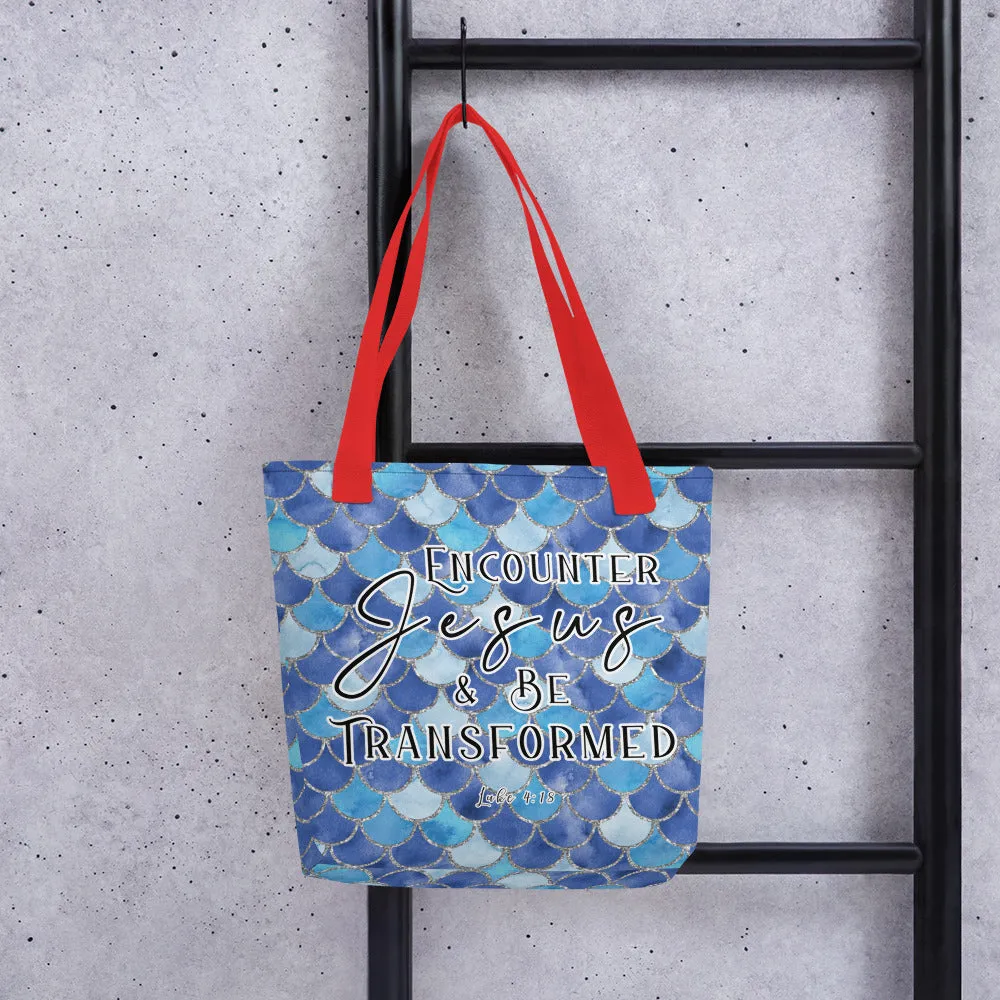 Limited Edition Premium Tote Bag - Encounter Jesus & Be Transformed (Design: Mermaid Scales Blue)