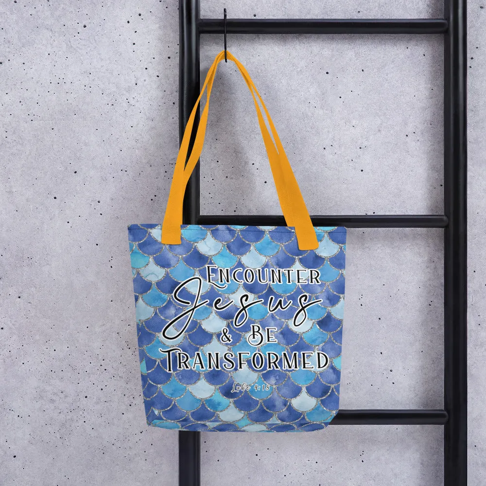 Limited Edition Premium Tote Bag - Encounter Jesus & Be Transformed (Design: Mermaid Scales Blue)