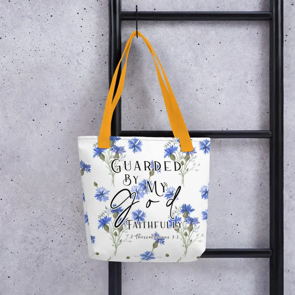 Limited Edition Premium Tote Bag - Guarded By My God Faithfully (Design: Blue Floral)