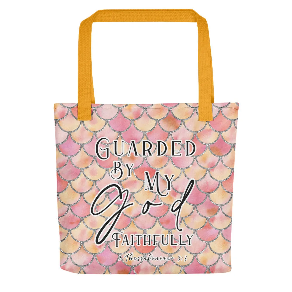 Limited Edition Premium Tote Bag - Guarded By My God Faithfully (Design: Mermaid Scales Pink)