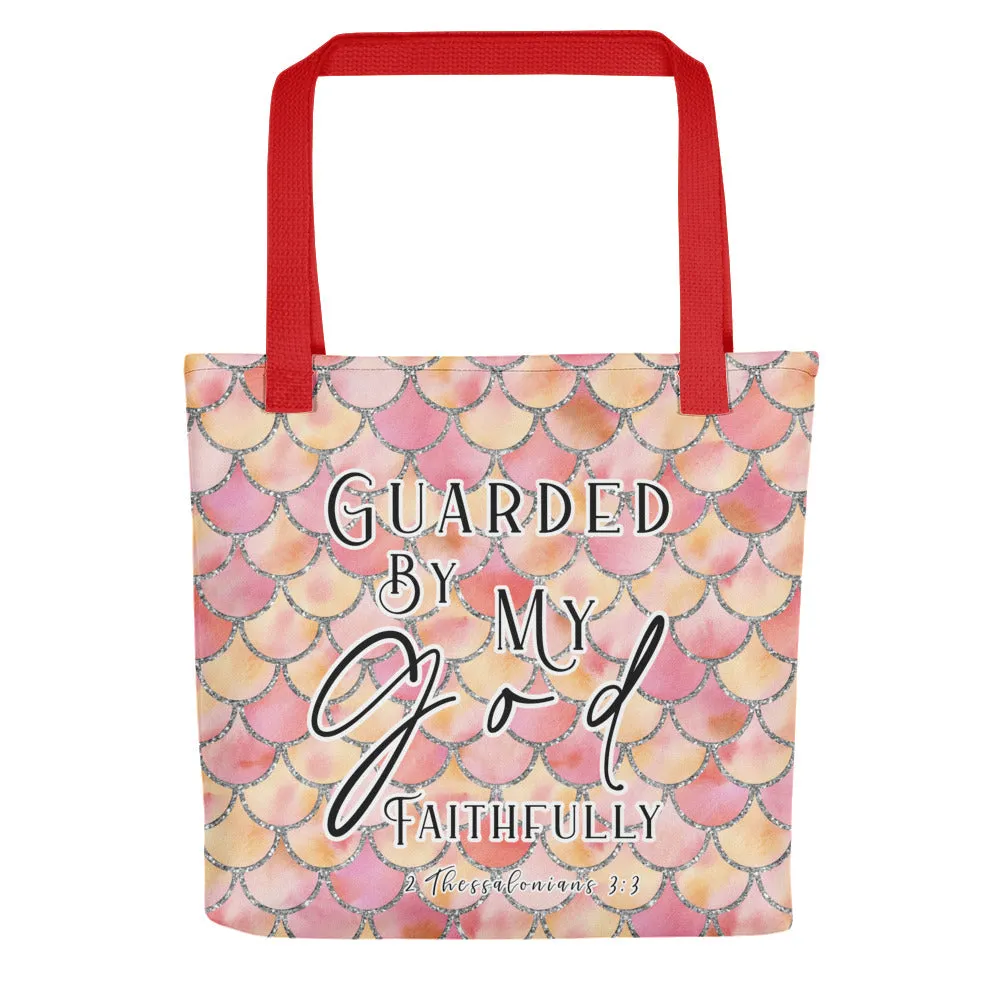 Limited Edition Premium Tote Bag - Guarded By My God Faithfully (Design: Mermaid Scales Pink)