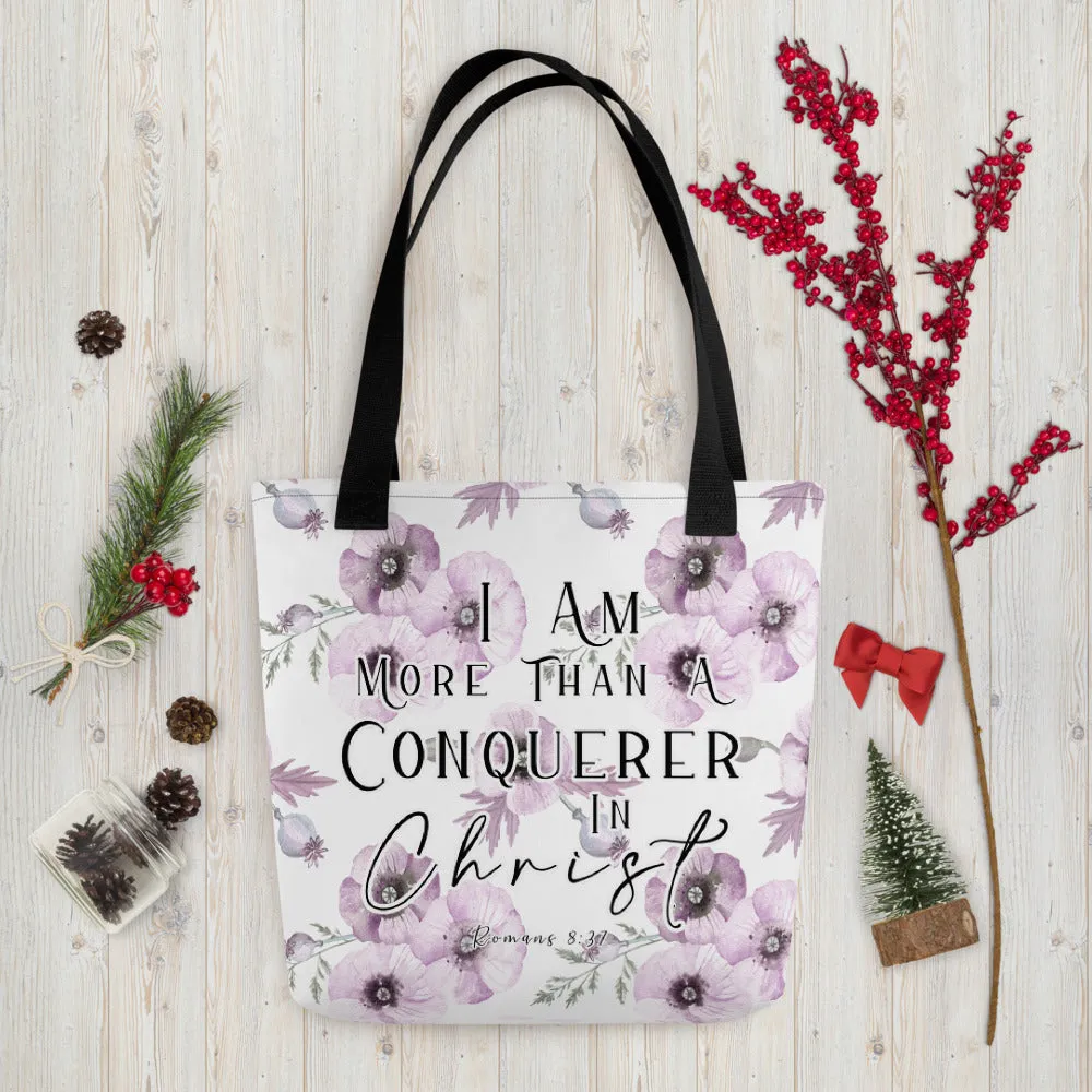 Limited Edition Premium Tote Bag - I Am More Than A Conquerer In Christ (Design: Purple Floral)