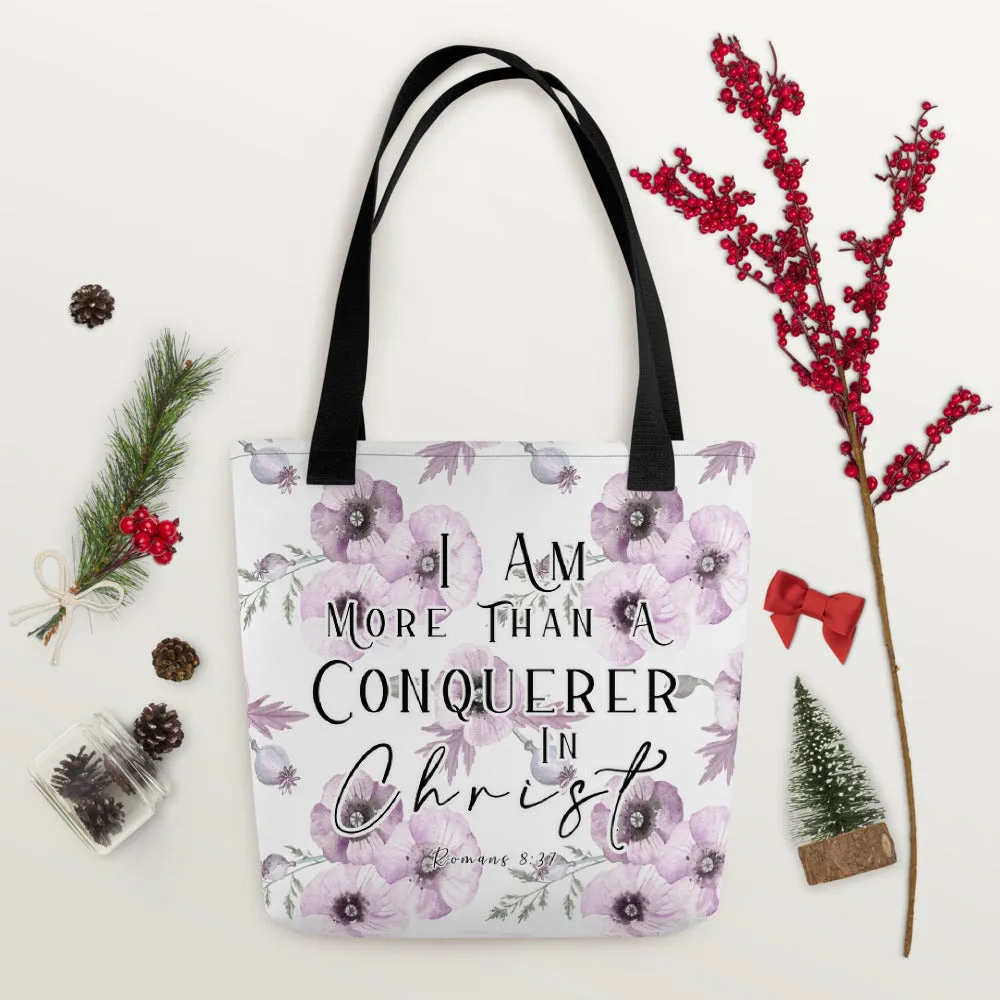 Limited Edition Premium Tote Bag - I Am More Than A Conquerer In Christ (Design: Purple Floral)