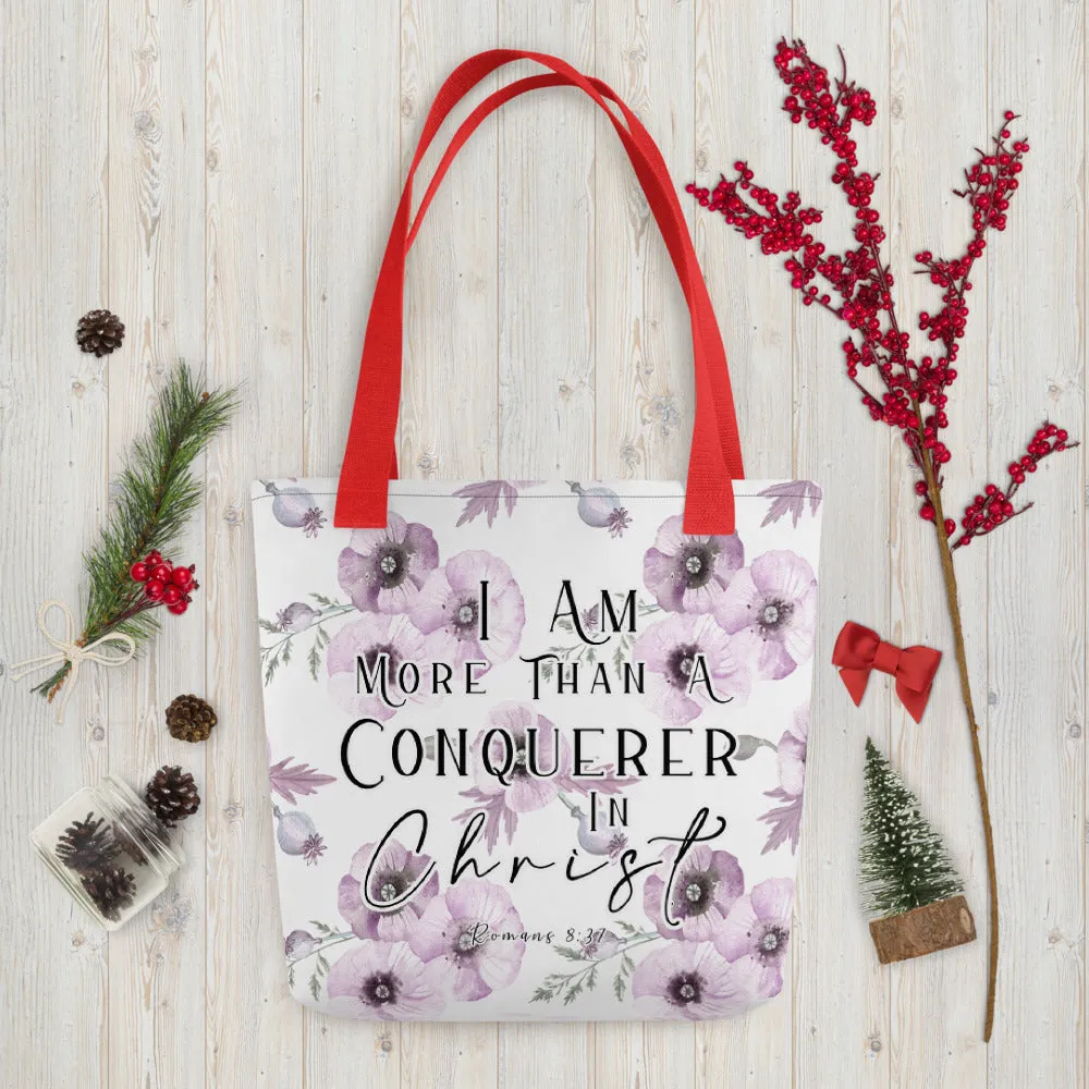 Limited Edition Premium Tote Bag - I Am More Than A Conquerer In Christ (Design: Purple Floral)