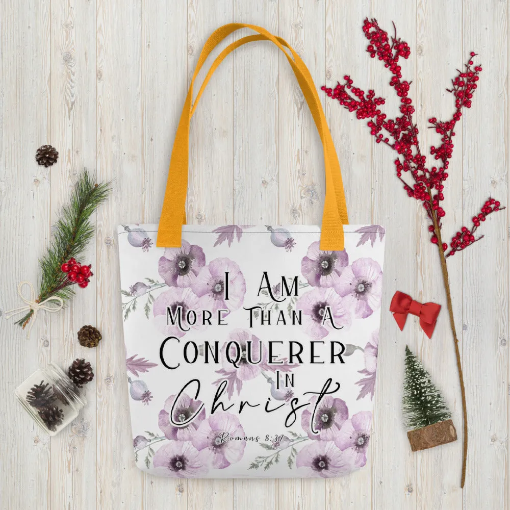 Limited Edition Premium Tote Bag - I Am More Than A Conquerer In Christ (Design: Purple Floral)