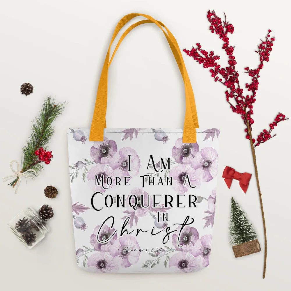 Limited Edition Premium Tote Bag - I Am More Than A Conquerer In Christ (Design: Purple Floral)