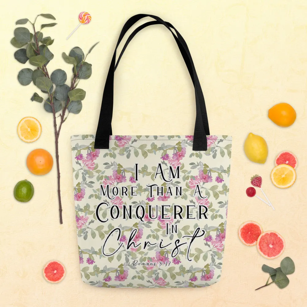 Limited Edition Premium Tote Bag - I Am More Than A Conquerer In Christ (Design: Red Floral)