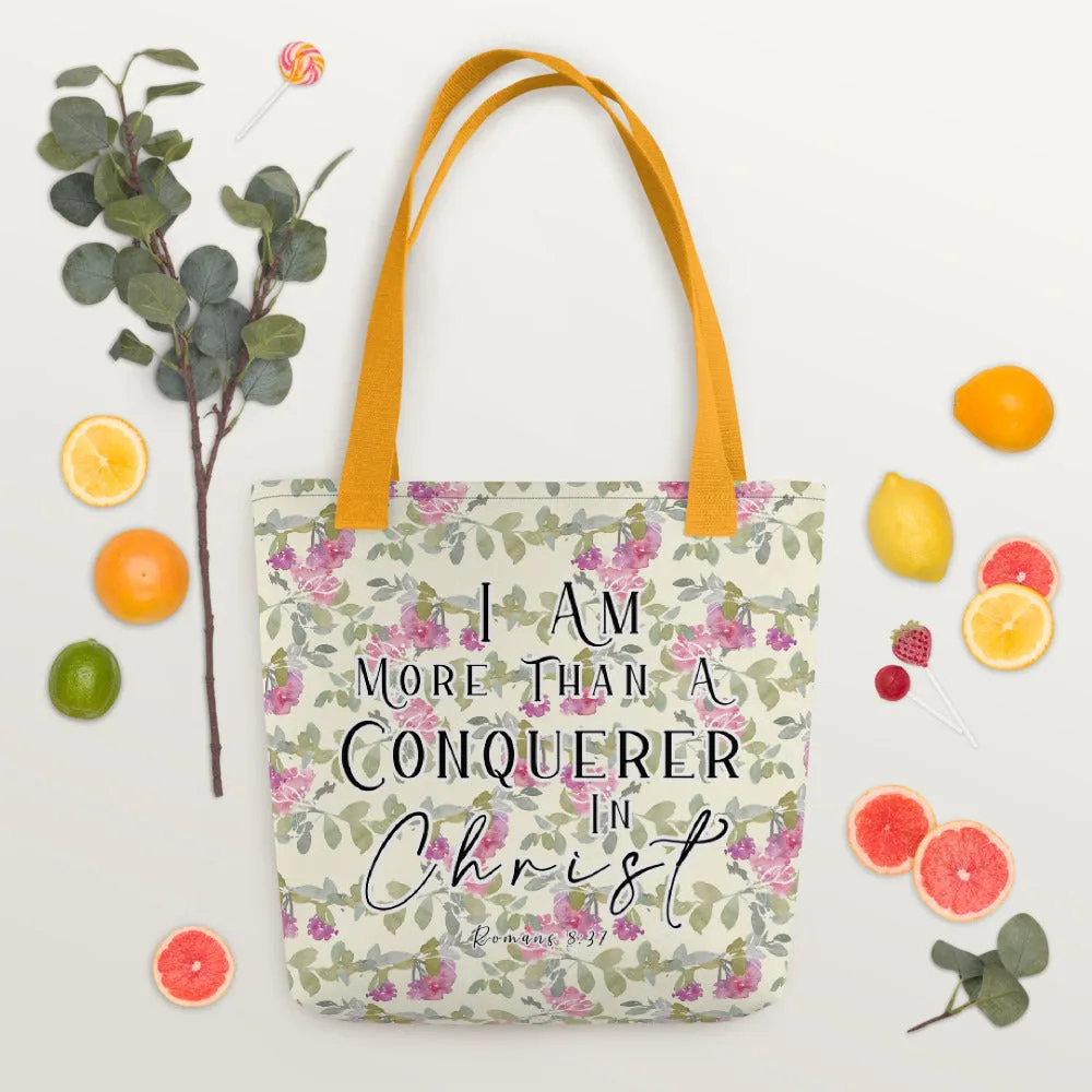 Limited Edition Premium Tote Bag - I Am More Than A Conquerer In Christ (Design: Red Floral)