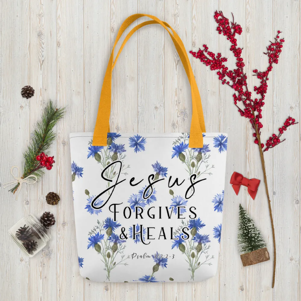 Limited Edition Premium Tote Bag - Jesus Forgives & Heals (Design: Blue Floral)