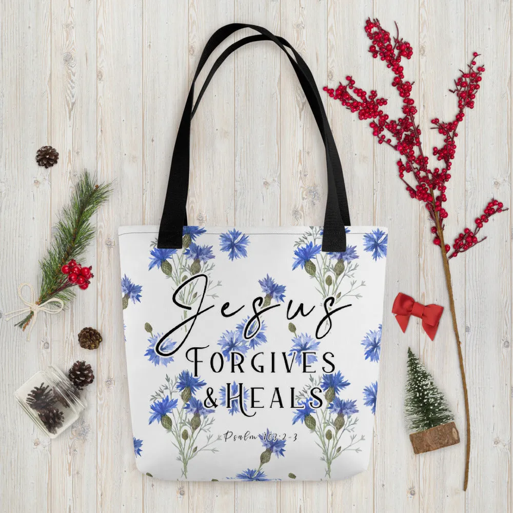 Limited Edition Premium Tote Bag - Jesus Forgives & Heals (Design: Blue Floral)