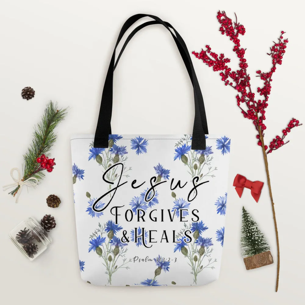 Limited Edition Premium Tote Bag - Jesus Forgives & Heals (Design: Blue Floral)