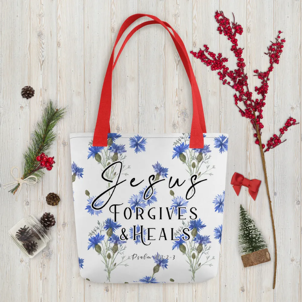 Limited Edition Premium Tote Bag - Jesus Forgives & Heals (Design: Blue Floral)