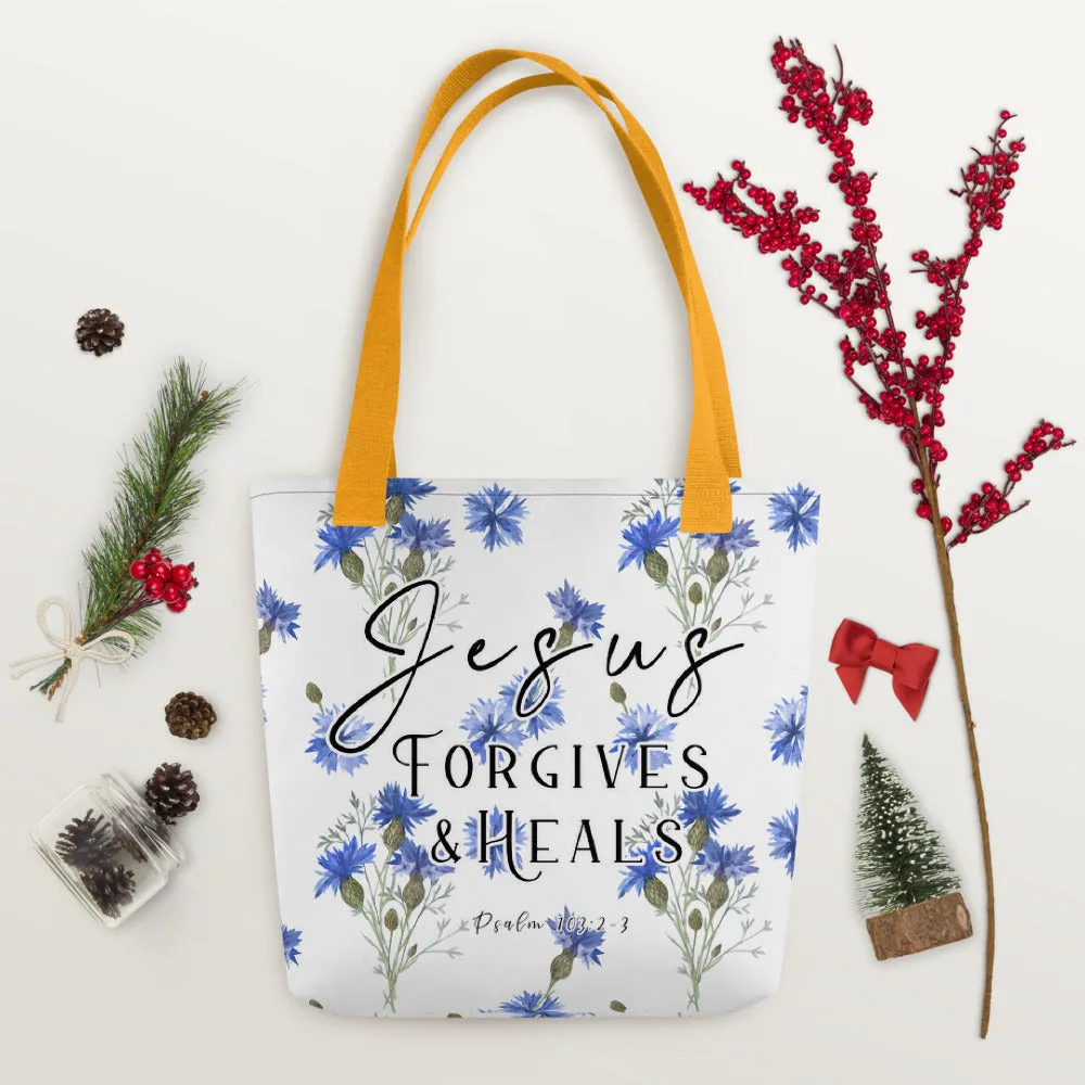 Limited Edition Premium Tote Bag - Jesus Forgives & Heals (Design: Blue Floral)