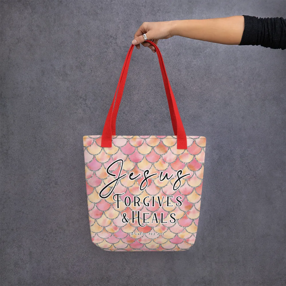 Limited Edition Premium Tote Bag - Jesus Forgives & Heals (Design: Mermaid Scales Pink)