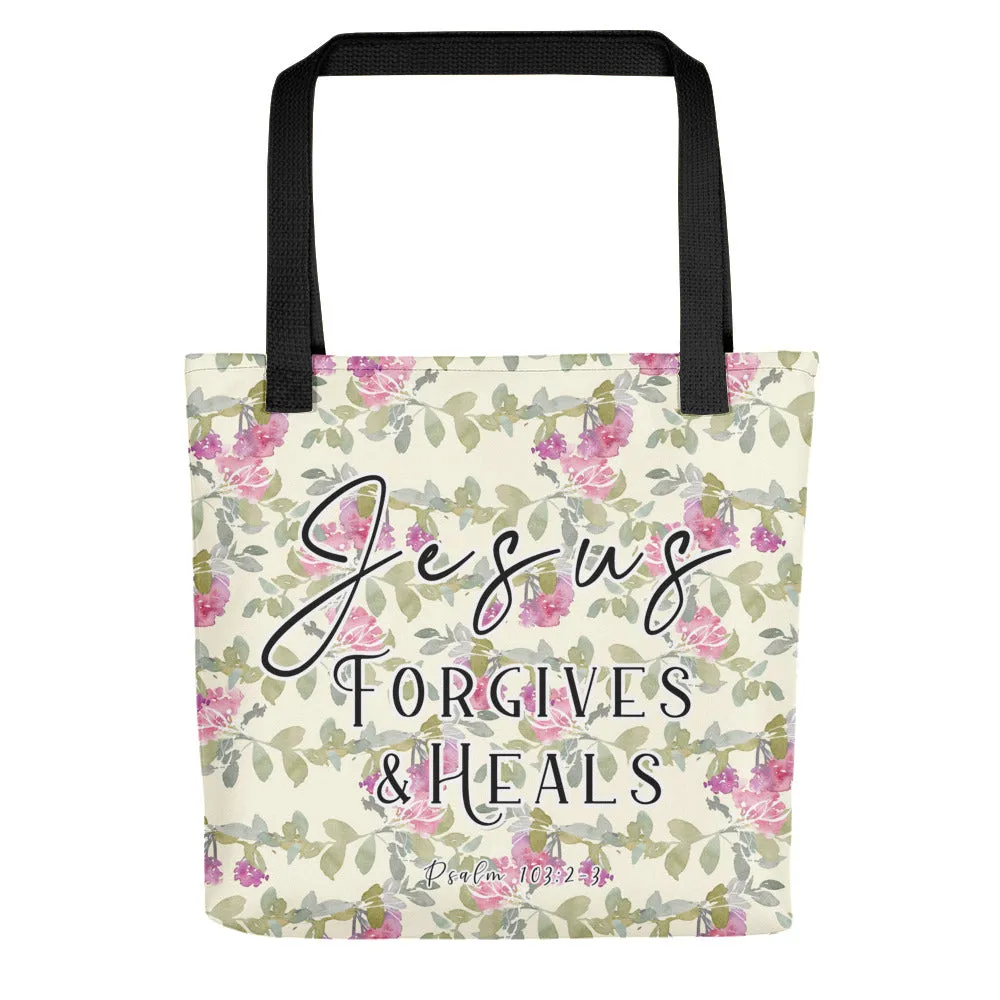 Limited Edition Premium Tote Bag - Jesus Forgives & Heals (Design: Red Floral)