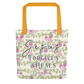 Limited Edition Premium Tote Bag - Jesus Forgives & Heals (Design: Red Floral)