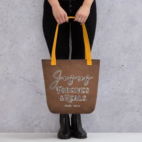 Limited Edition Premium Tote Bag - Jesus Forgives & Heals (Design: Textured Brown)