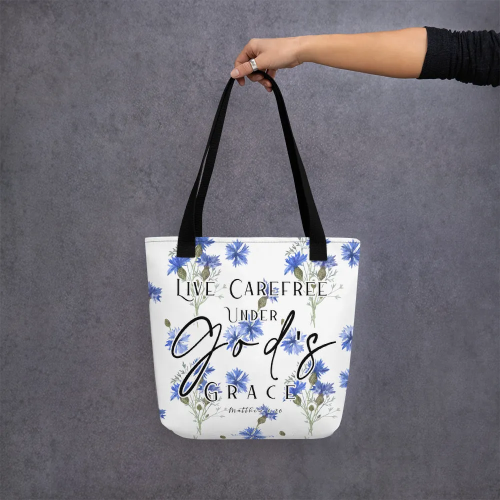 Limited Edition Premium Tote Bag - Live Carefree Under God's Grace (Design: Blue Floral)