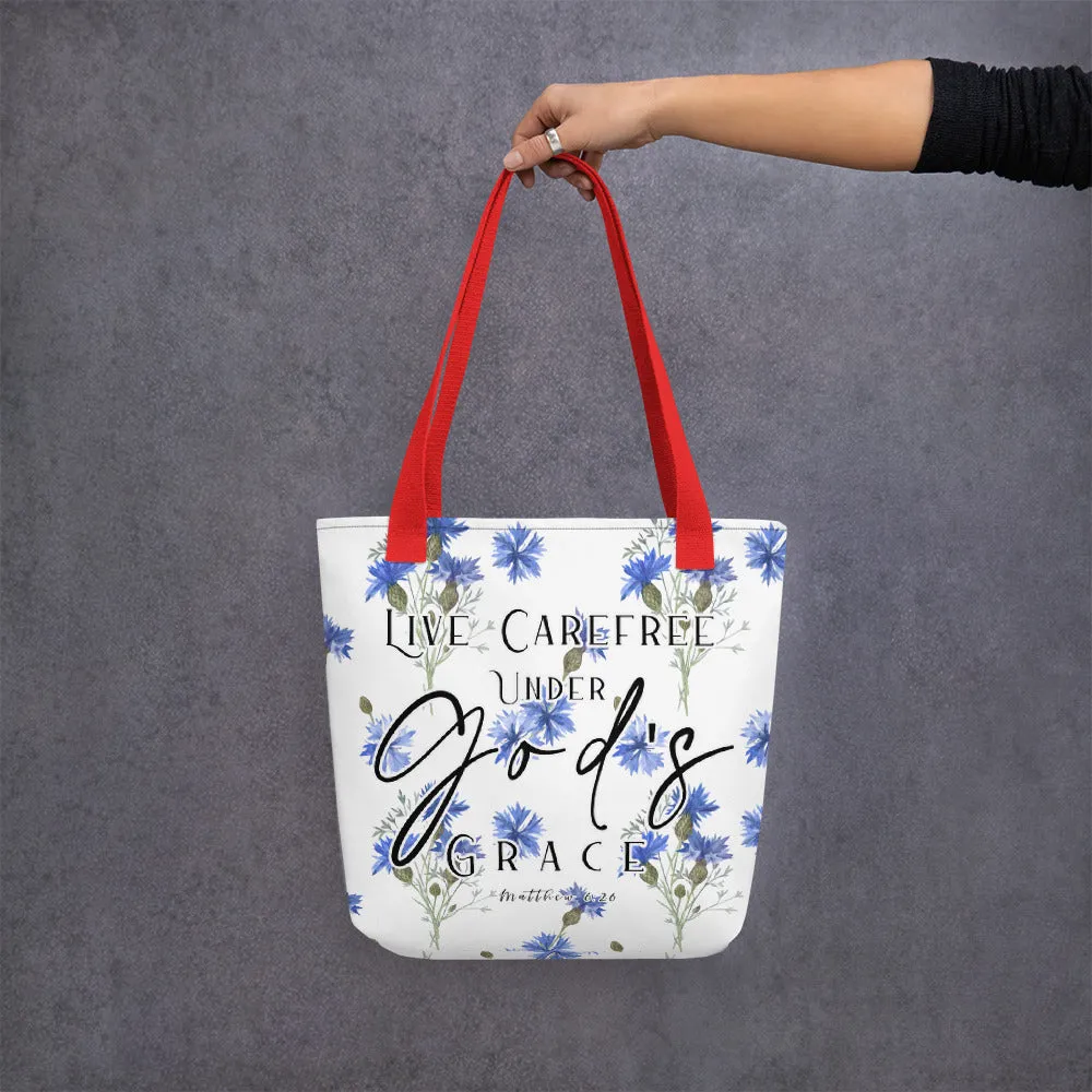 Limited Edition Premium Tote Bag - Live Carefree Under God's Grace (Design: Blue Floral)