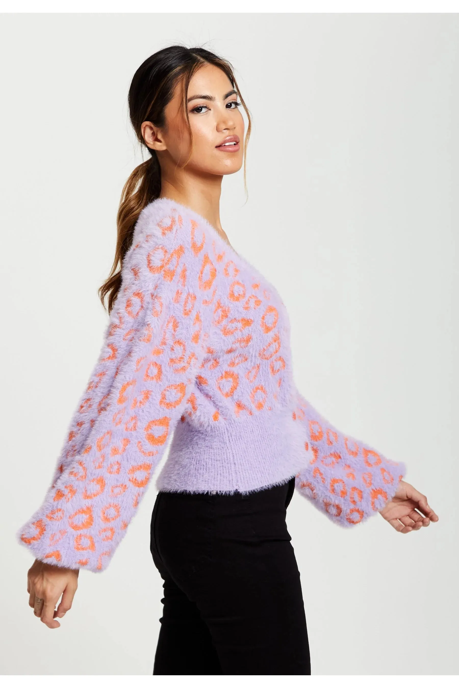 Liquorish Animal Pattern Fluffy Cardigan In Lilac