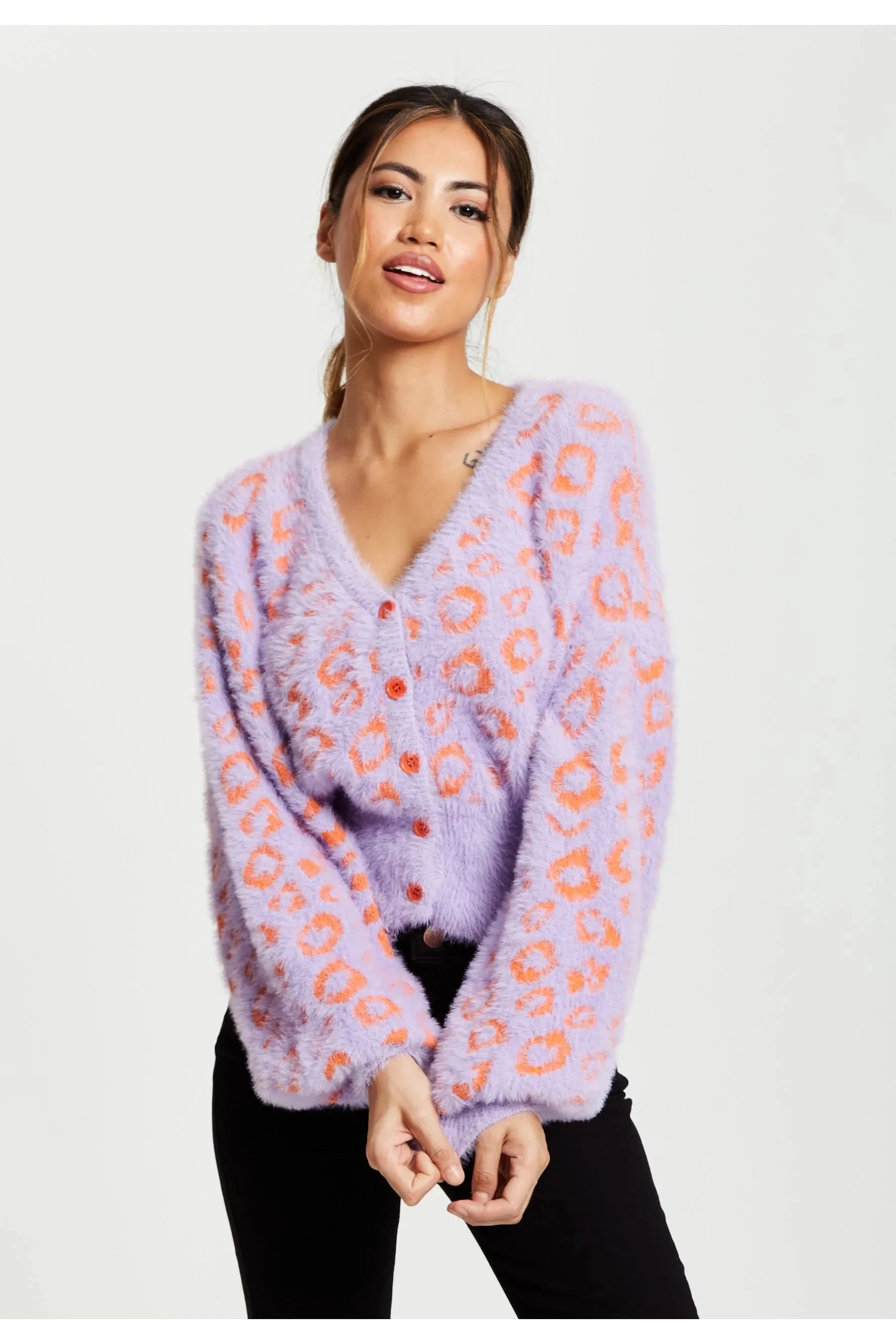 Liquorish Animal Pattern Fluffy Cardigan In Lilac