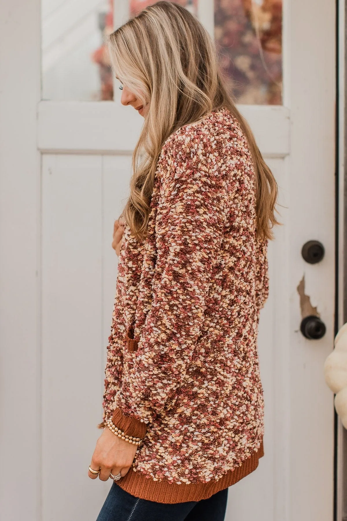 Love Remains Popcorn Knit Cardigan- Rust