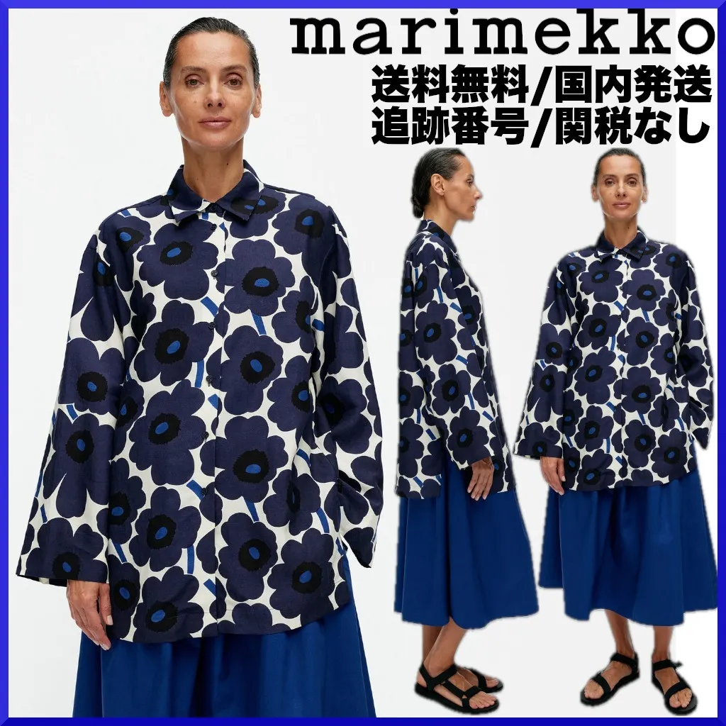 marimekko  |Flower Patterns Casual Style Linen Long Sleeves Office Style