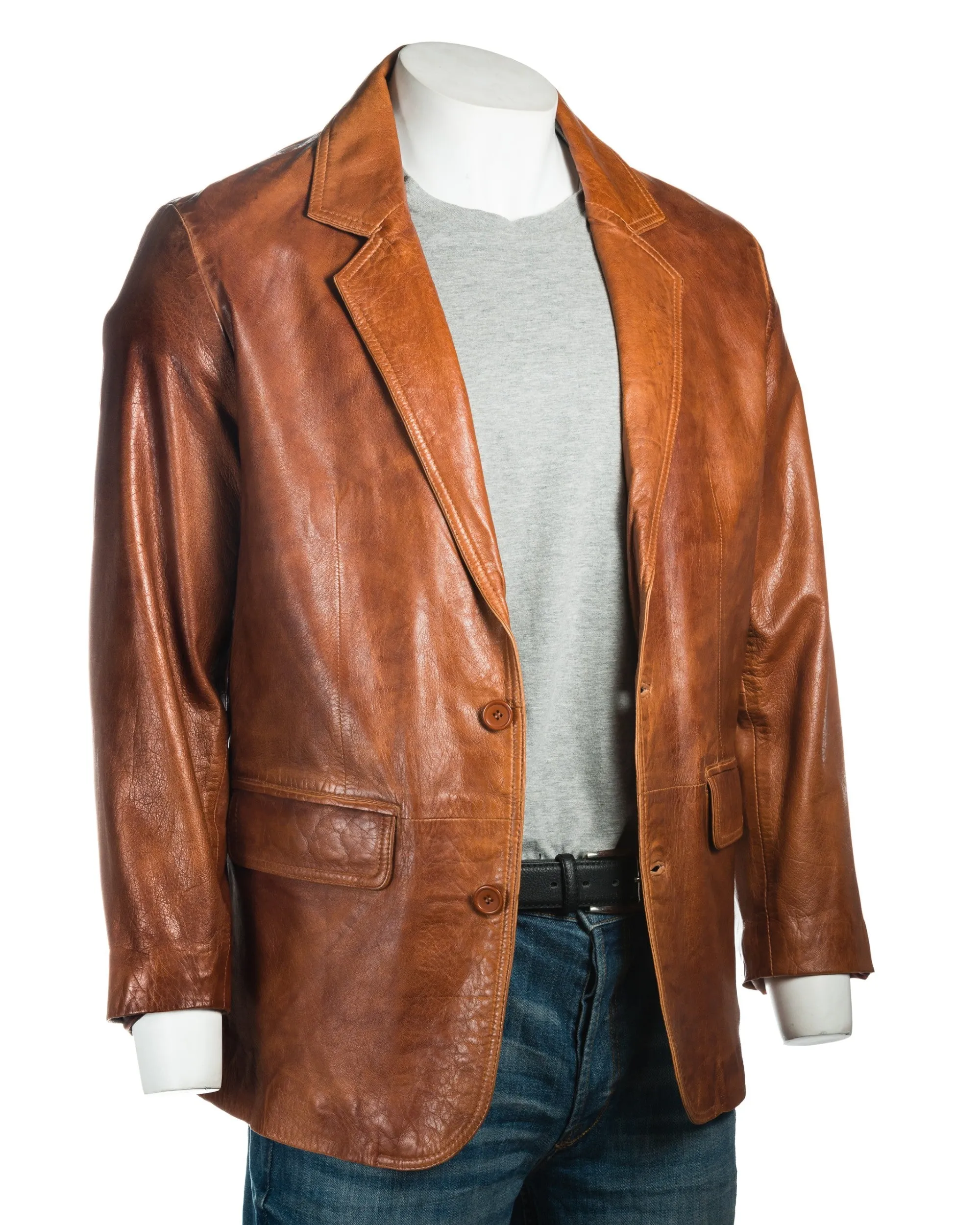 Men's Antique Cognac Classic Two Button Single Breasted Leather Blazer: Marcello