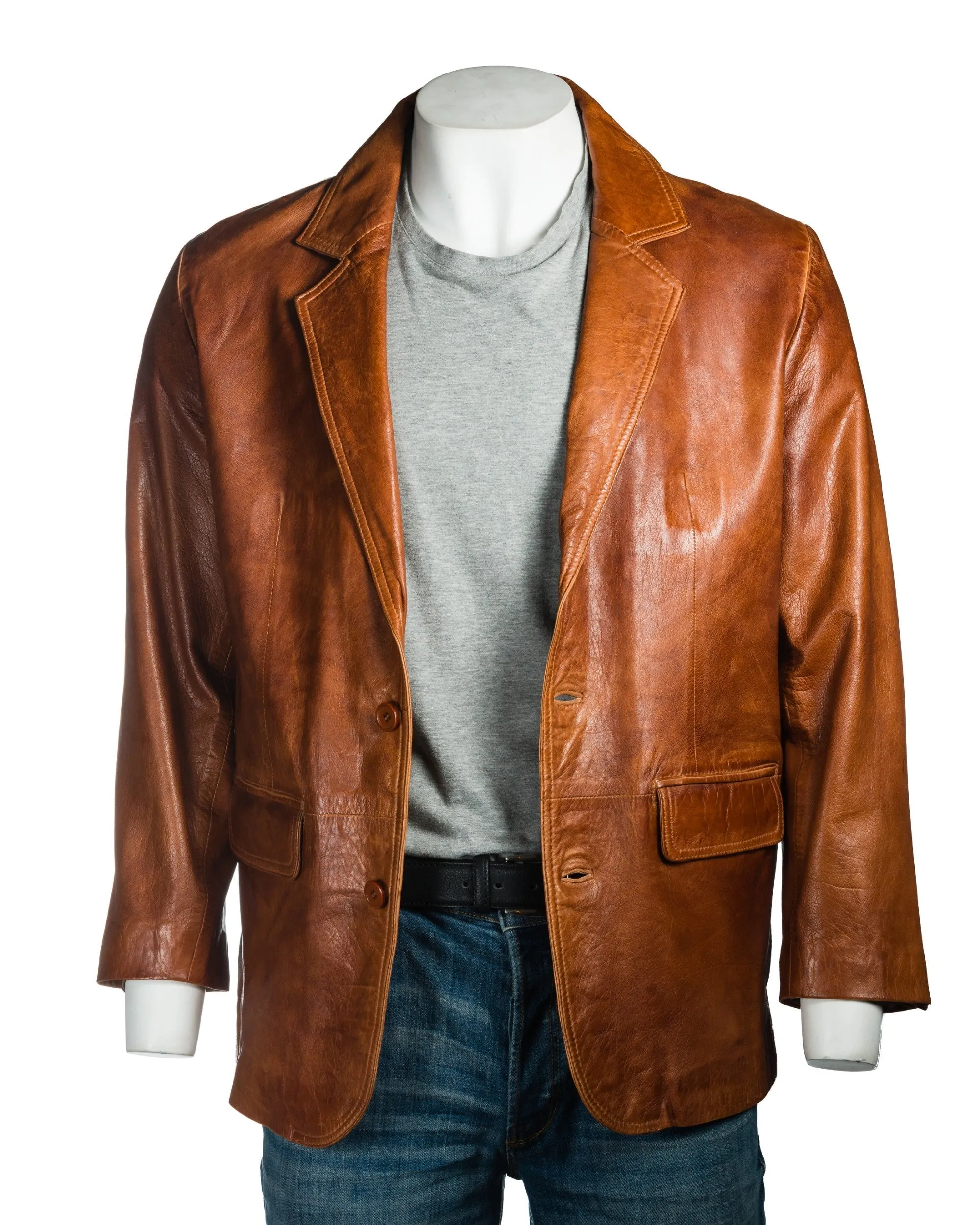 Men's Antique Cognac Classic Two Button Single Breasted Leather Blazer: Marcello