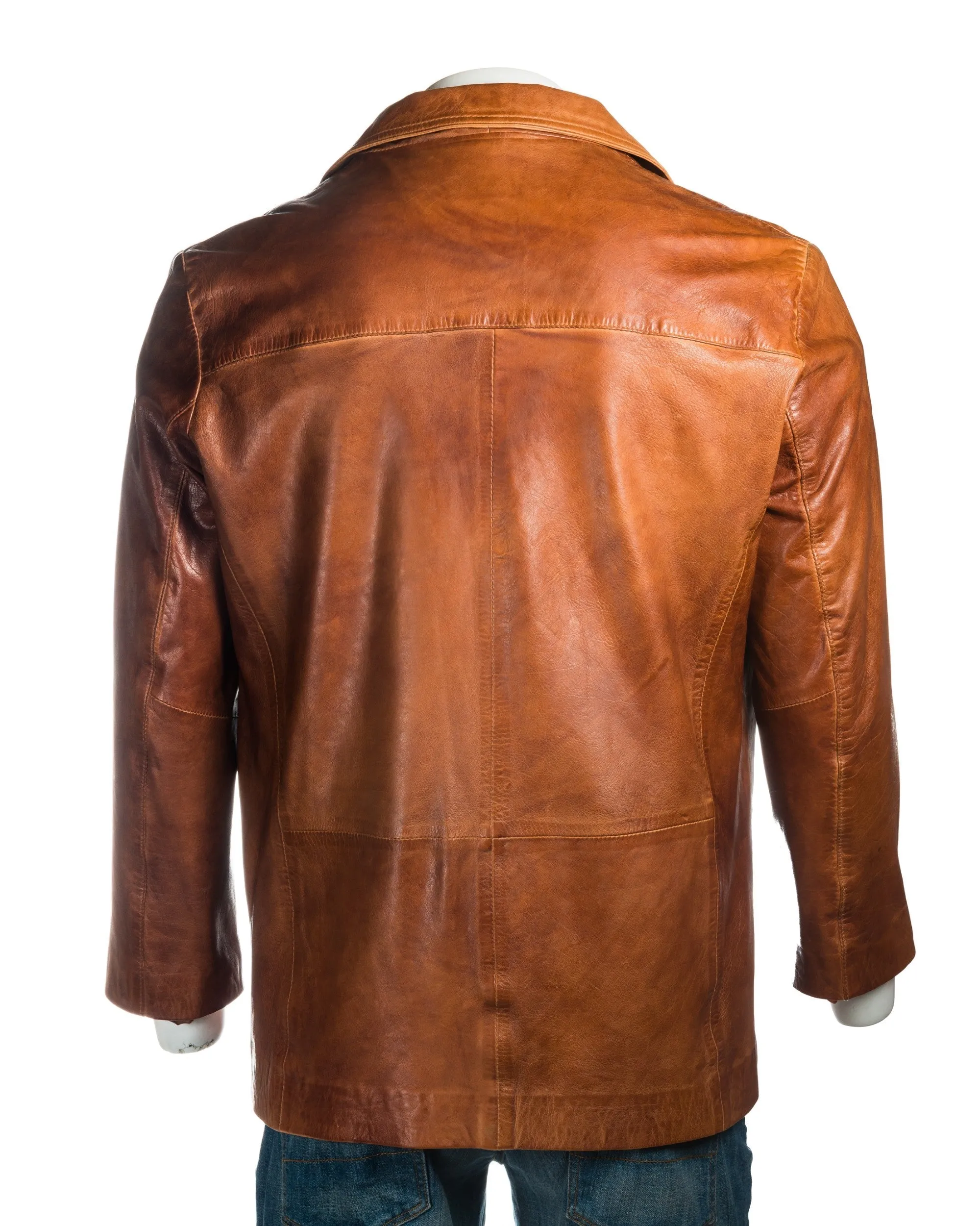 Men's Antique Cognac Classic Two Button Single Breasted Leather Blazer: Marcello