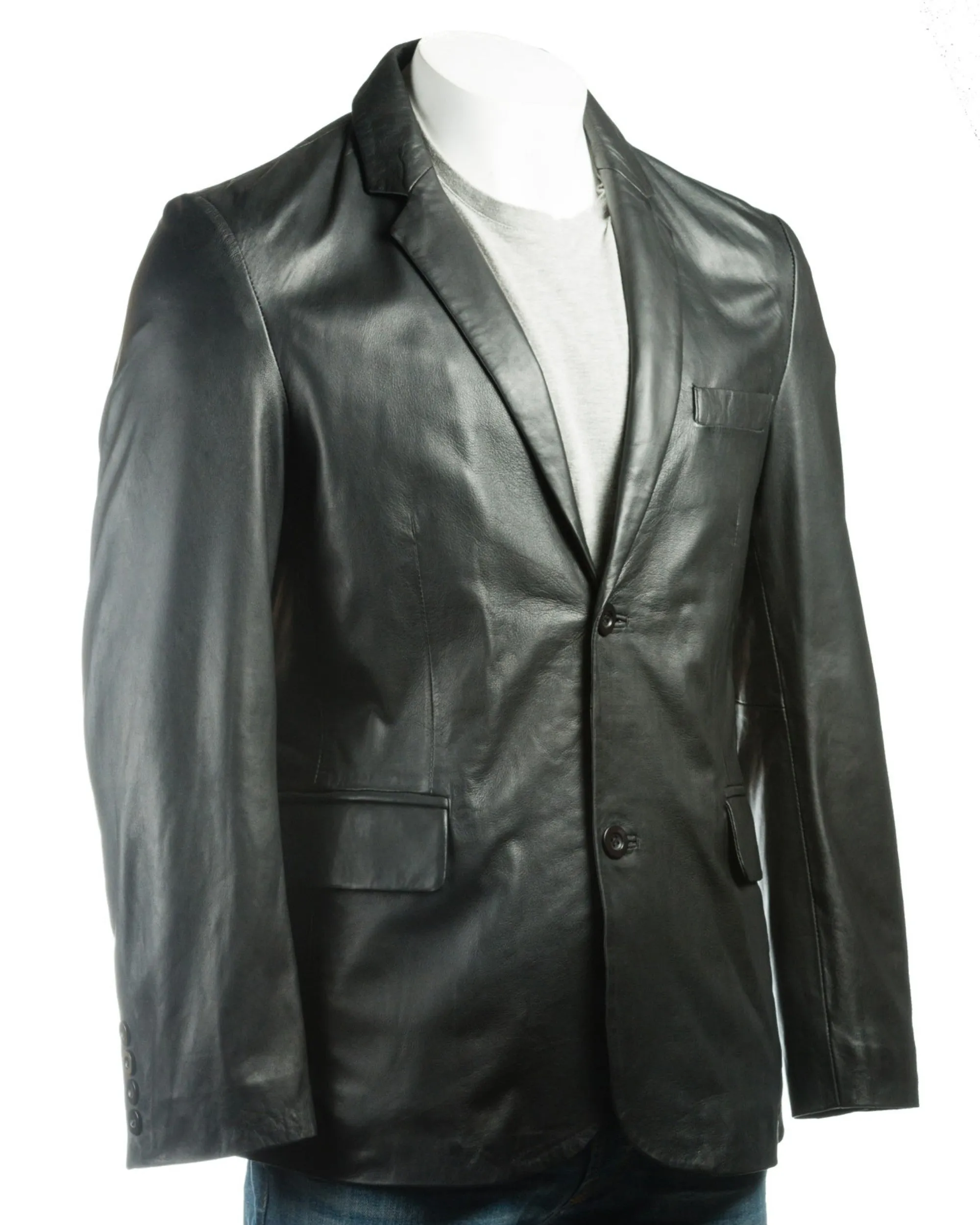 Men's Black Classic Two Button Single Breasted Leather Blazer: Marcello