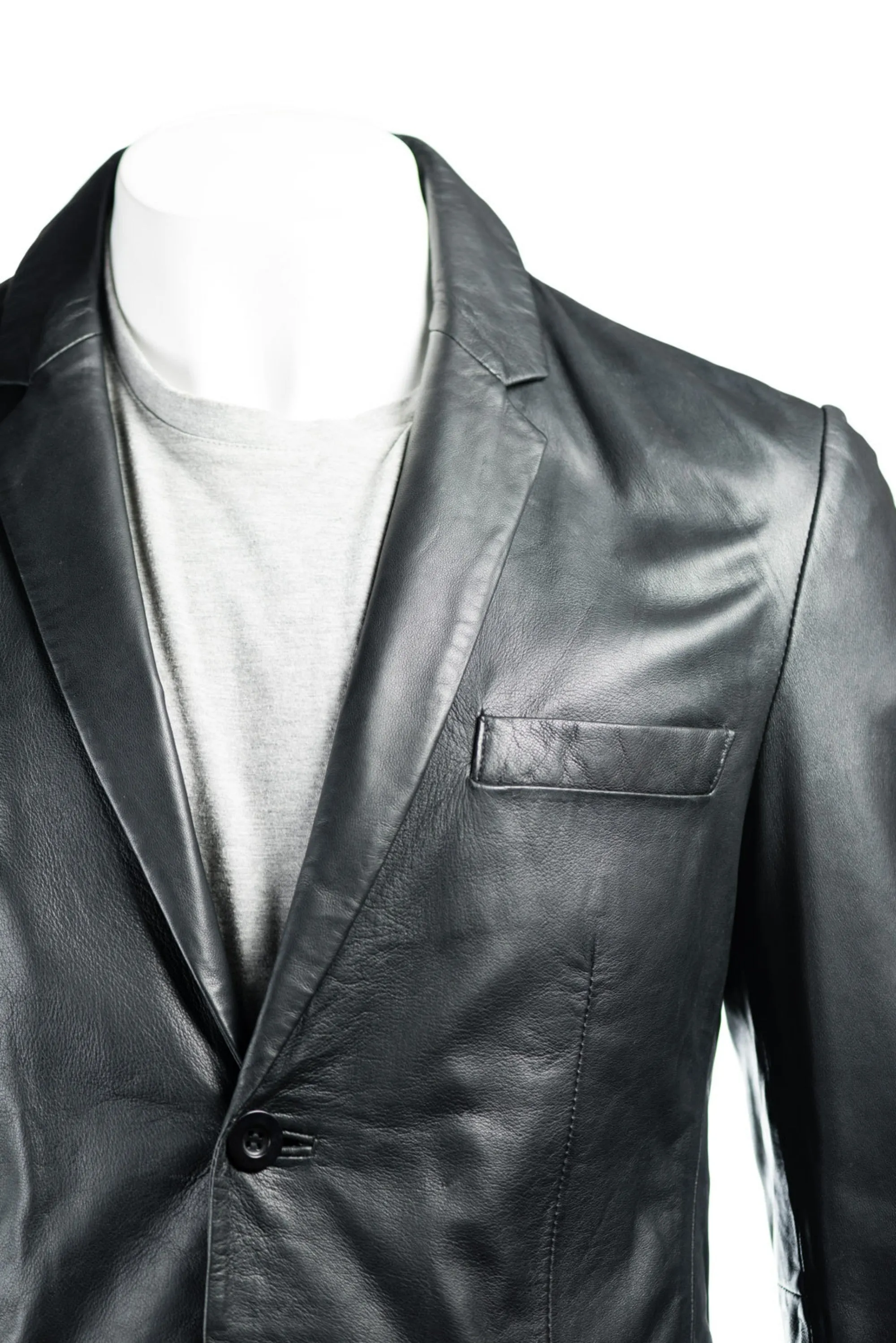 Men's Black Classic Two Button Single Breasted Leather Blazer: Marcello