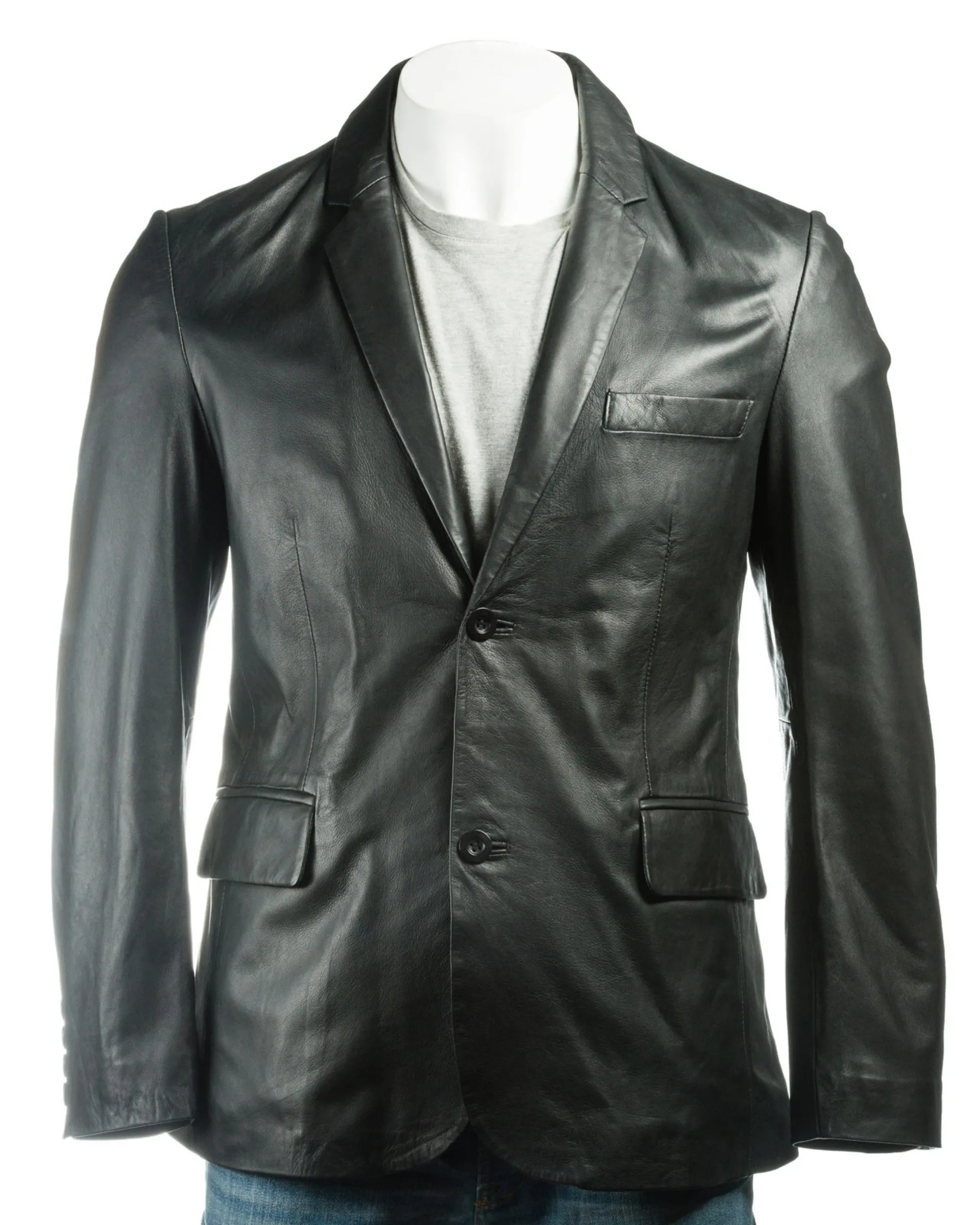 Men's Black Plus Size Classic Two Button Single Breasted Leather Blazer: Marcello