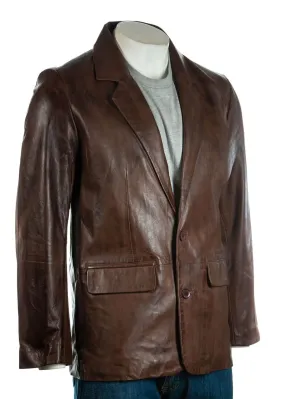 Men's Brown Classic Two Button Single Breasted Leather Blazer: Marcello