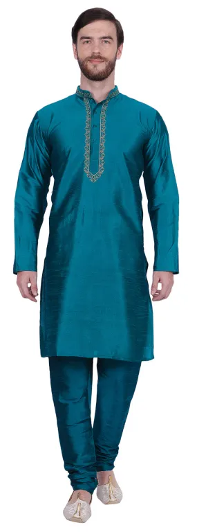 Men's Dupion Silk Kurta Pajama with Scarf India Clothing (Turquoise)