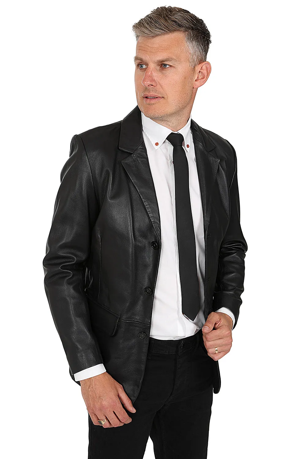 Men's Real Genuine Black Leather Classic 3 Button Jacket Blazer - 'MICHAEL'