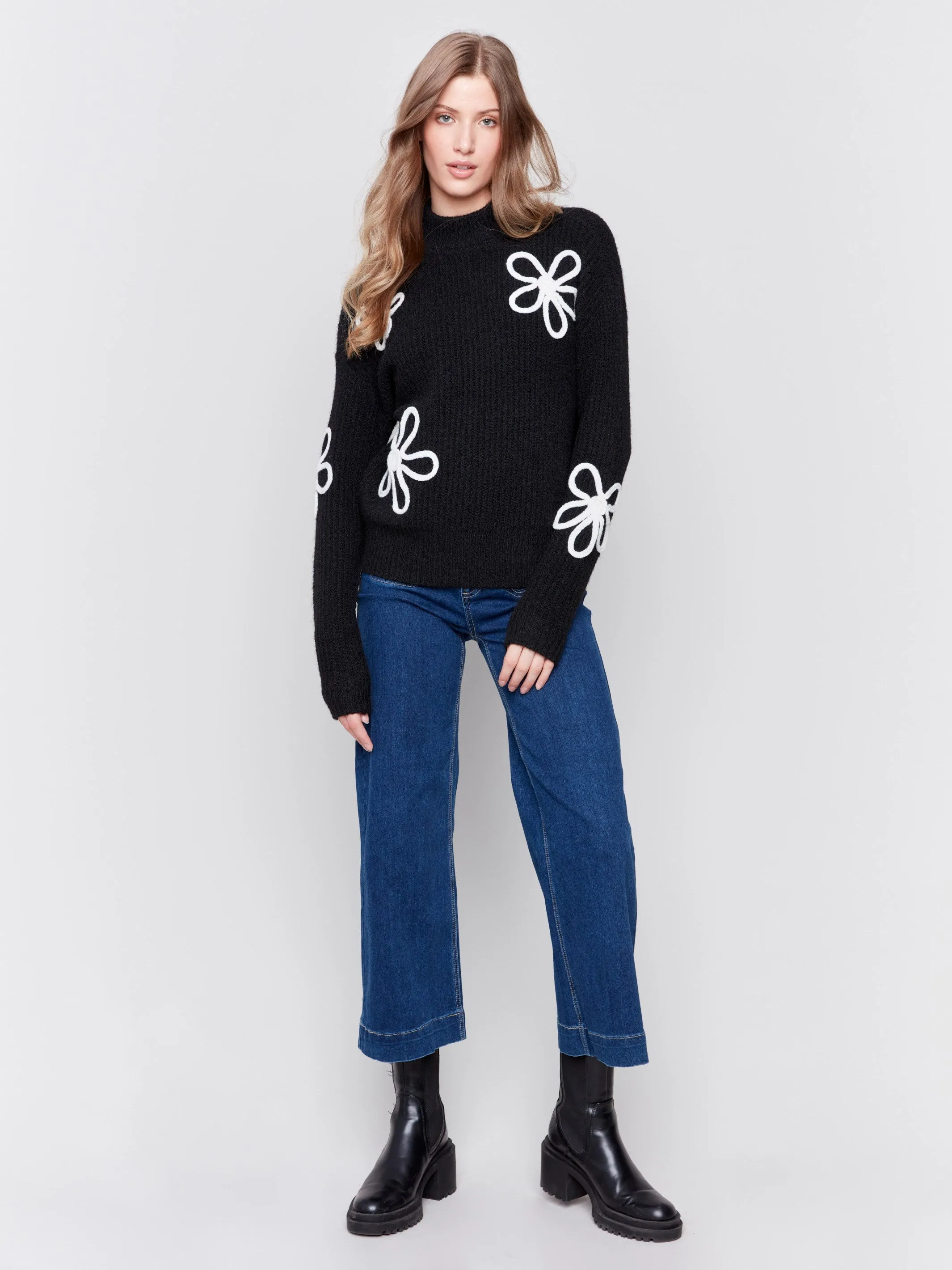 Mock Neck Floral Sweater - Black