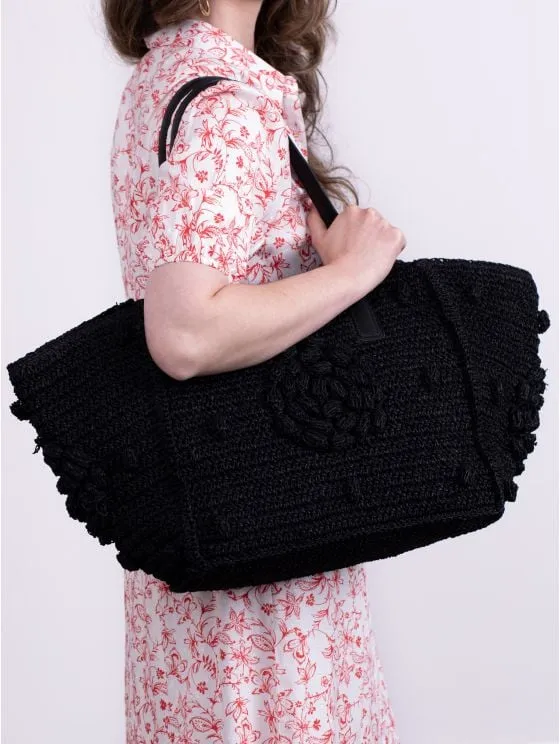 Nisha Raffia Tote Bag in Black