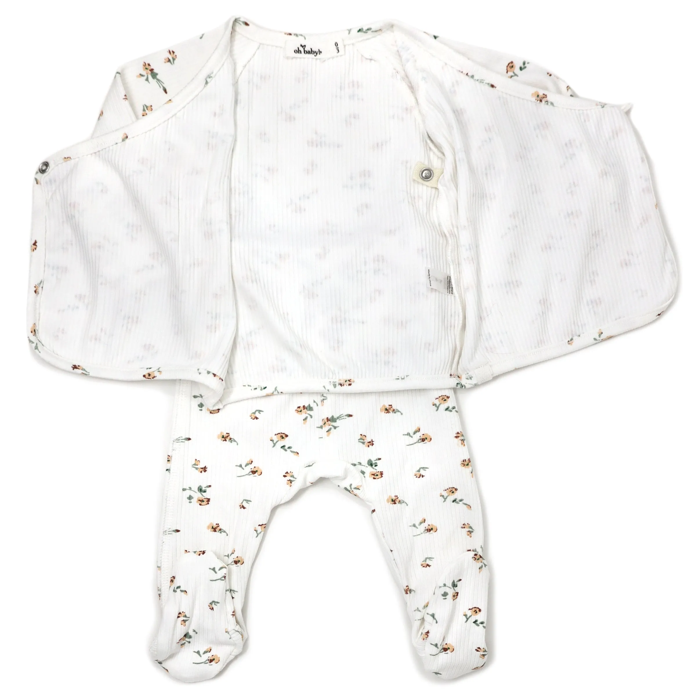 oh baby! Kimono Two Piece Footie Set - Rib Knit - Scattered Flowers - Cream