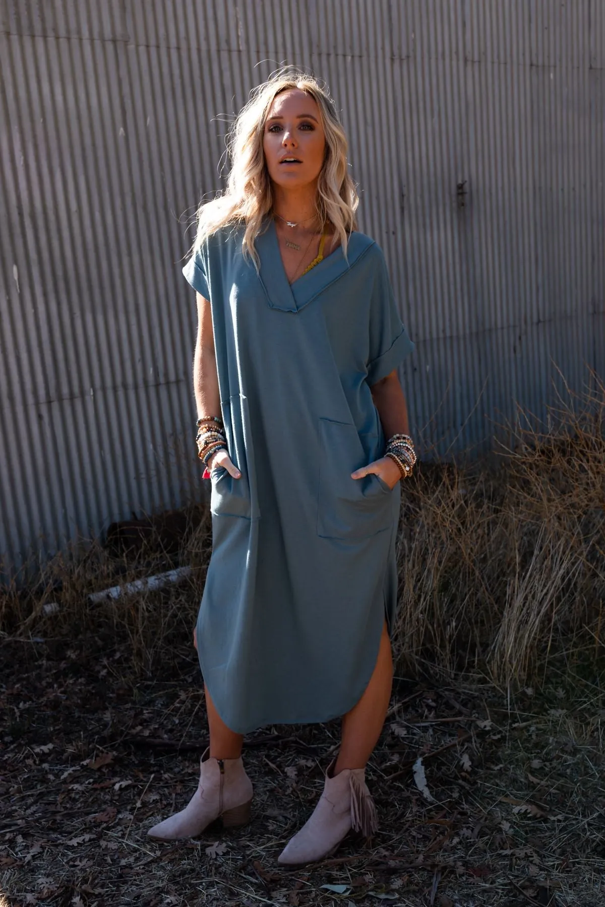 On The Go Round Hem Pocketed Midi Dress - Teal