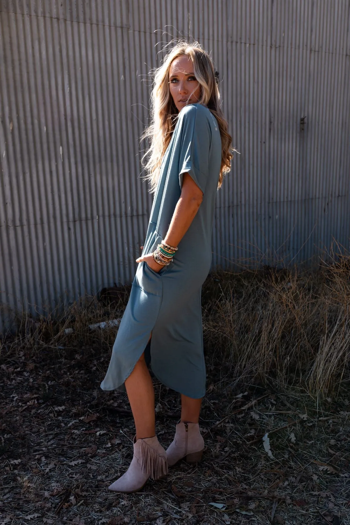 On The Go Round Hem Pocketed Midi Dress - Teal