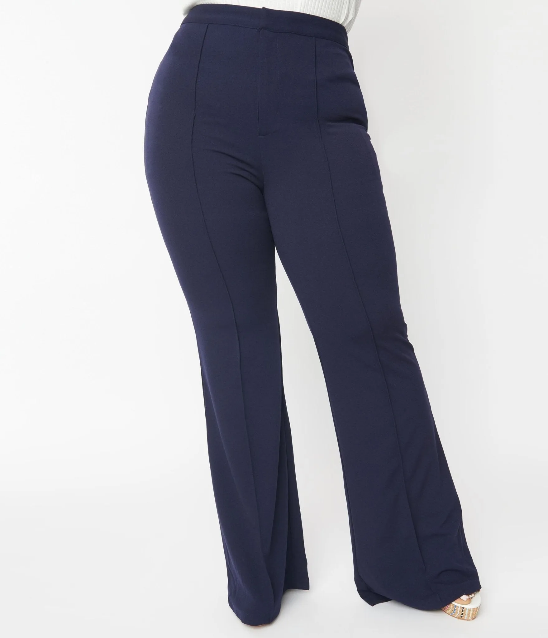 Plus Size 1970s Navy High Waist Pintuck Pants