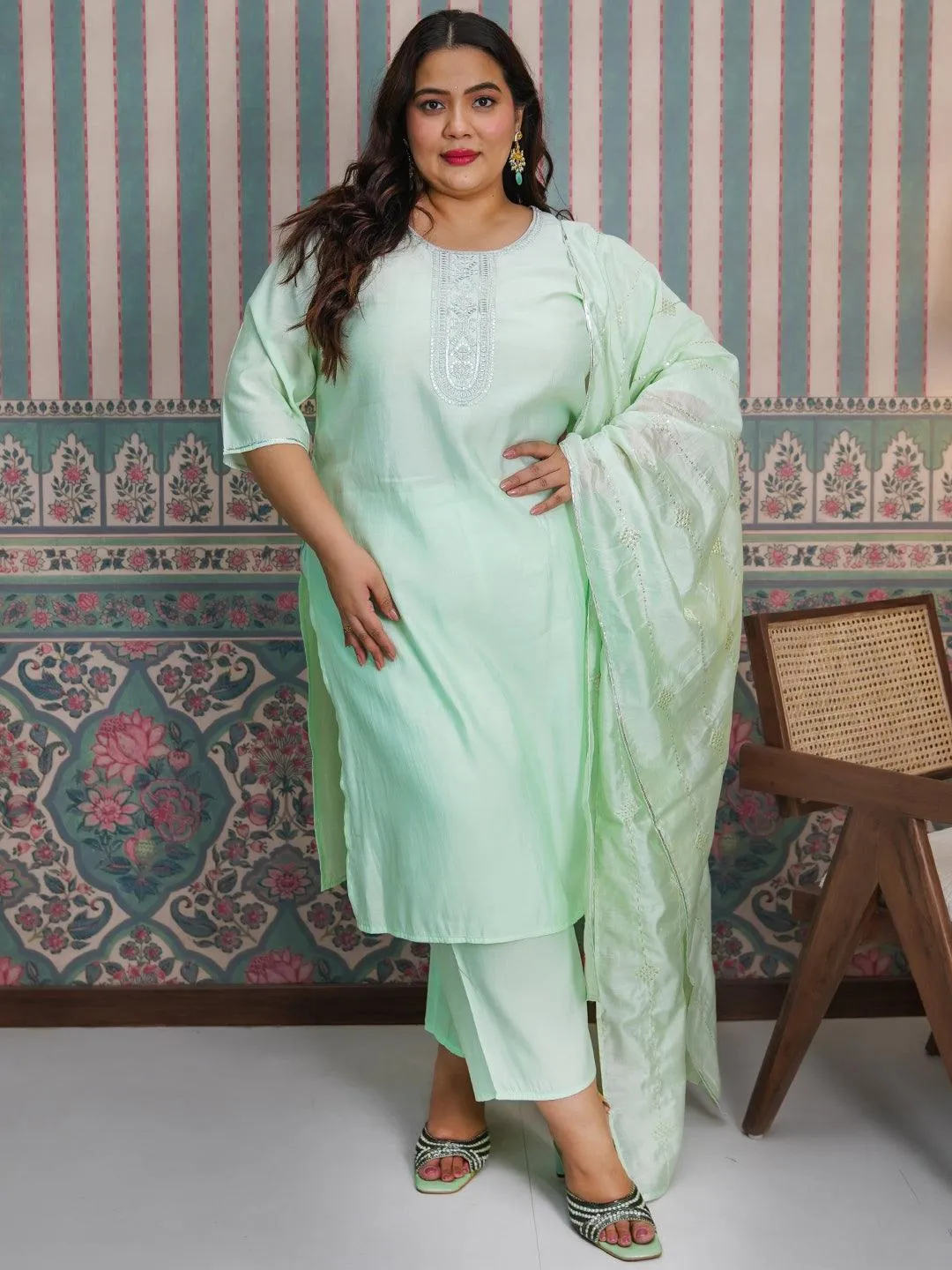 Plus Size Green Yoke Design Silk Blend Straight Suit With Dupatta