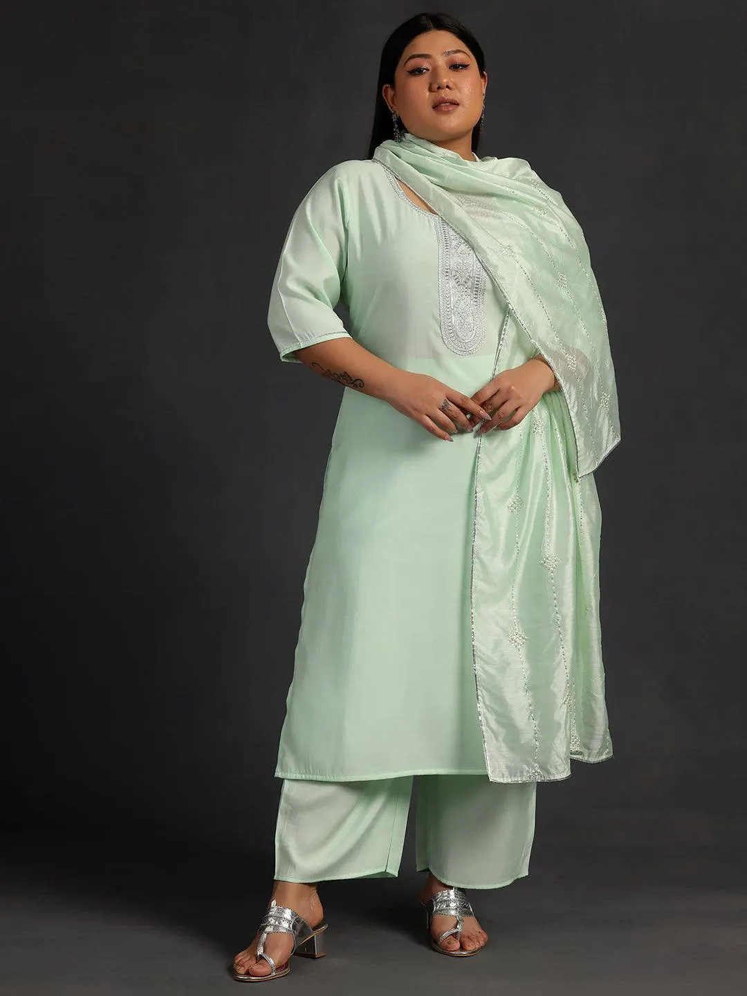 Plus Size Green Yoke Design Silk Blend Straight Suit With Dupatta