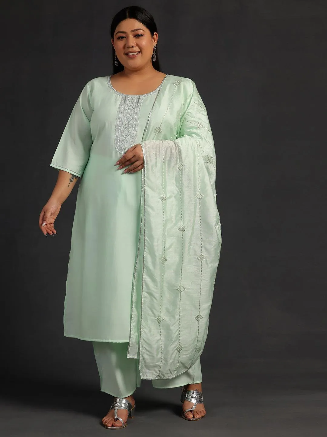 Plus Size Green Yoke Design Silk Blend Straight Suit With Dupatta